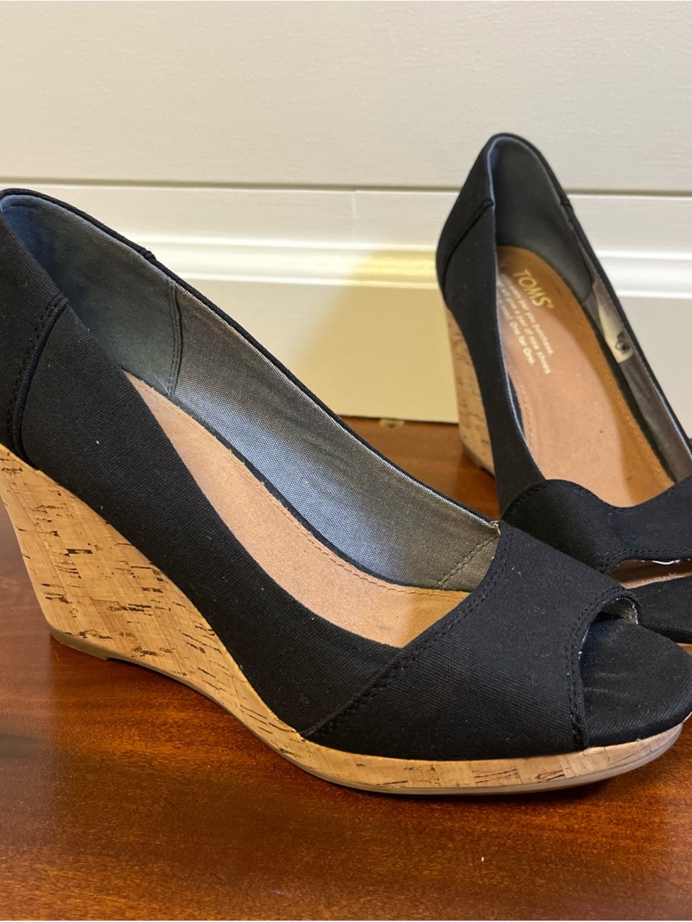 TOMS Black Canvas Cork Wedge Peep-Toe Pumps Stella